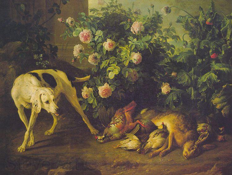 Francois Desportes Dog Guarding Game near a Rosebush France oil painting art